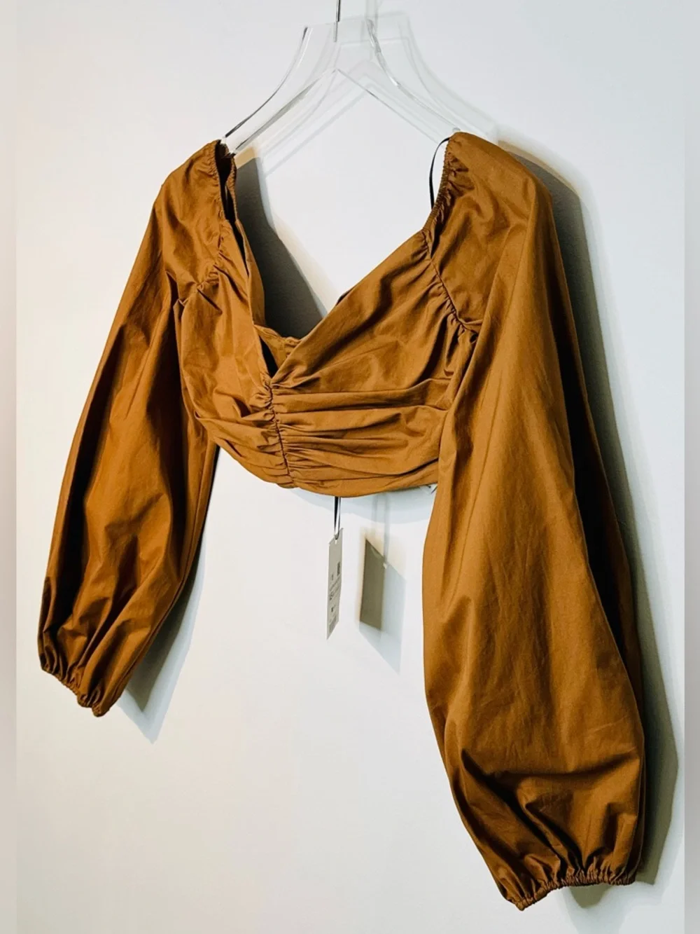 Zara Studio Pecan Brown Gathered Crop Top Balloon Sleeve Top Shirt Blouse NWT
